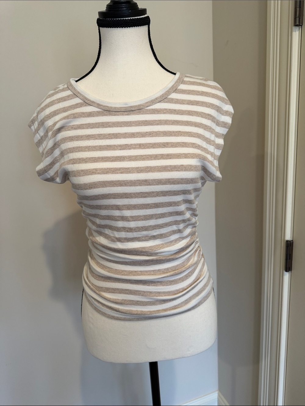 Michael Stars Beige and White Striped Cap Sleeve Tee